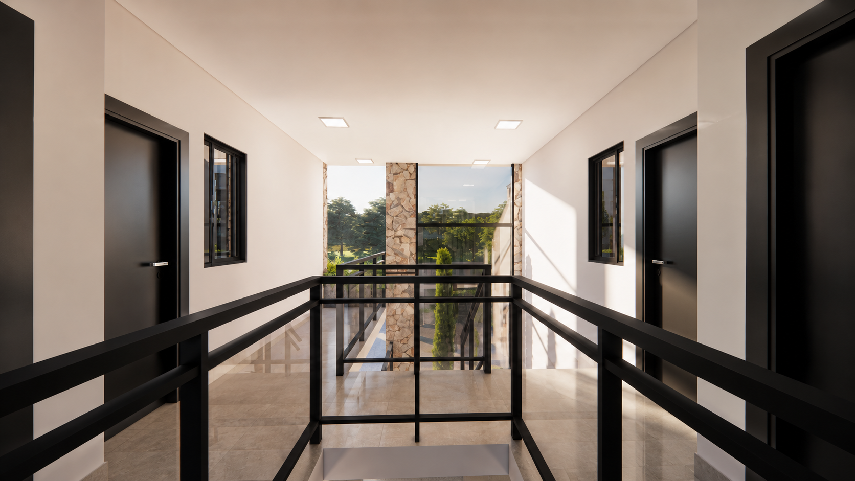 Corredor com vista aberta para o paisagismo do empreendimento