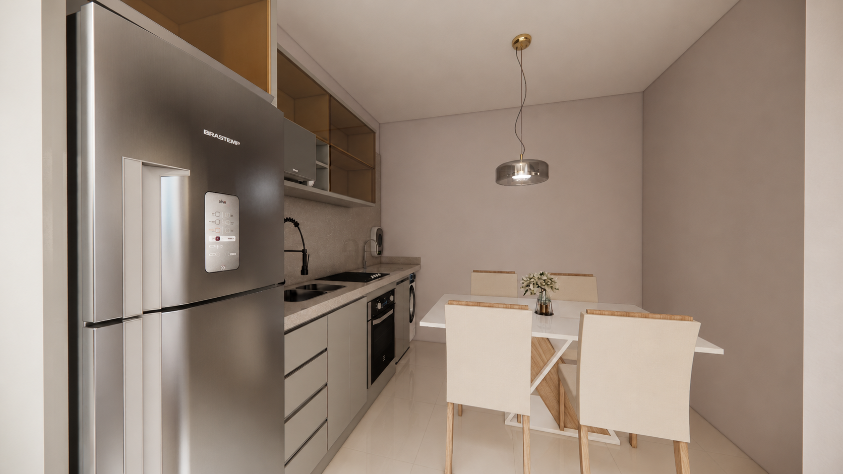 Cozinha equipada com geladeira inox e mesa de jantar para quatro lugares
