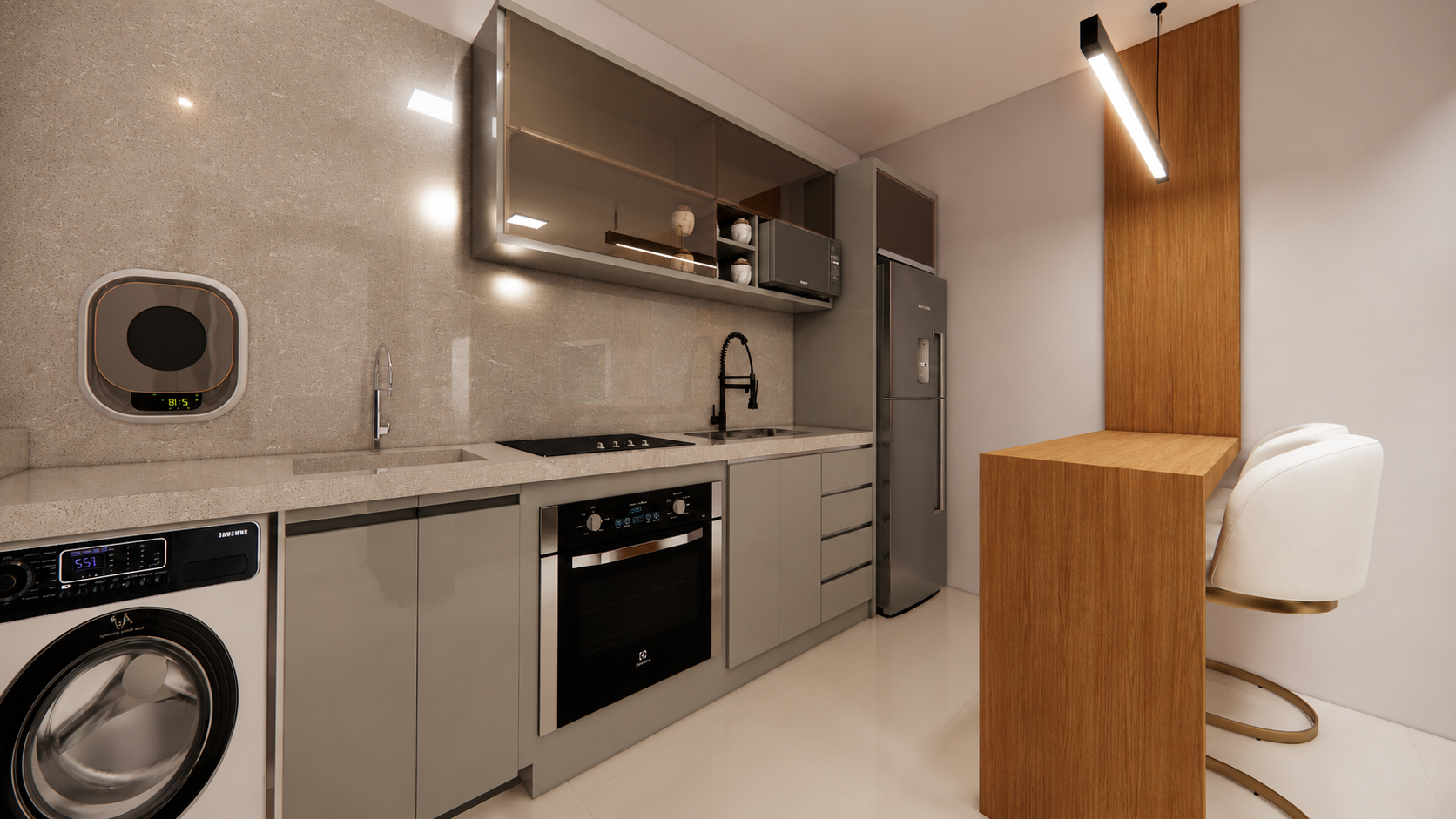 Cozinha integrada com area de servico, forno e bancada com banquetas