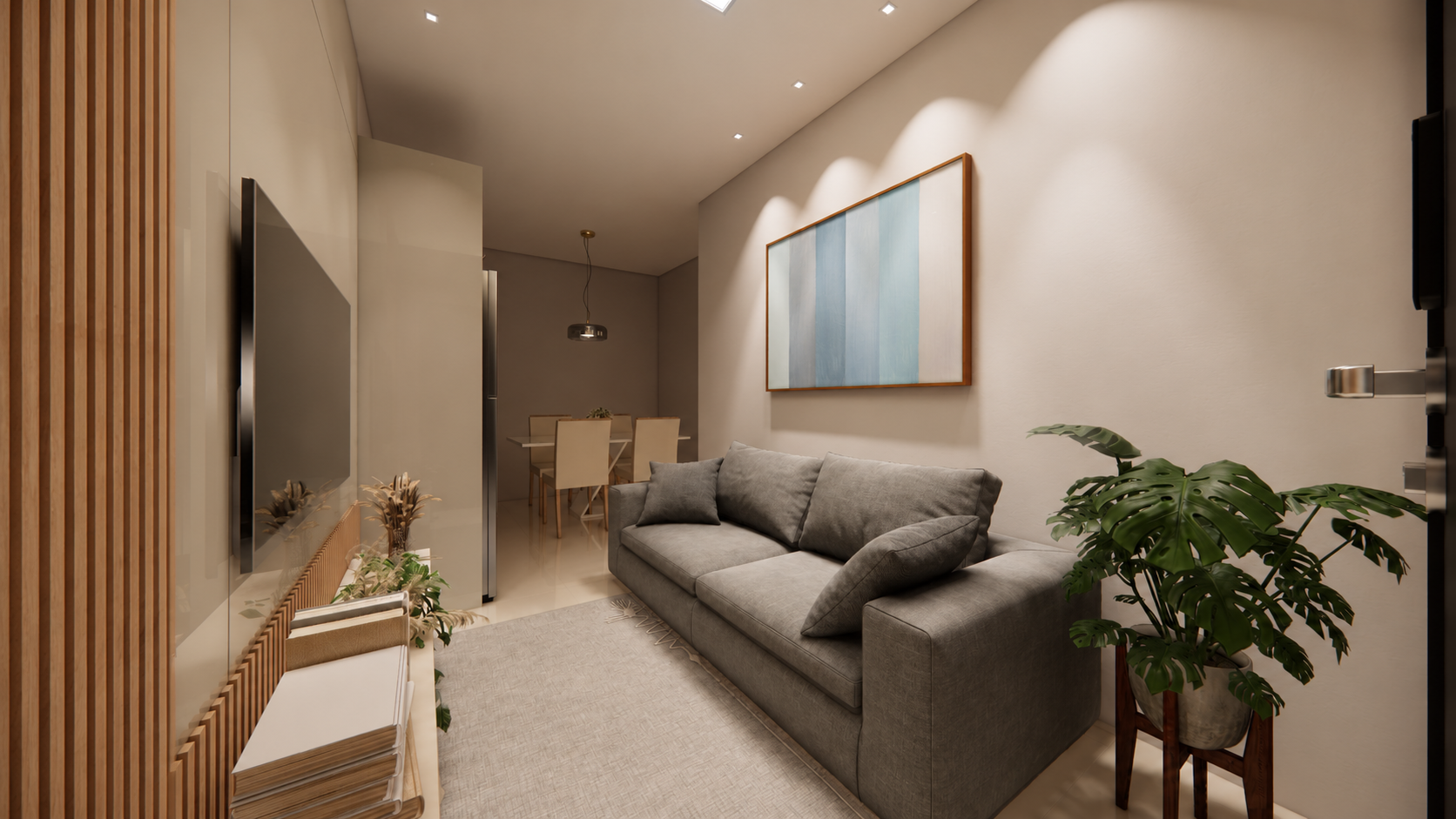 Sala de estar com sofa, TV e integracao com a area de jantar