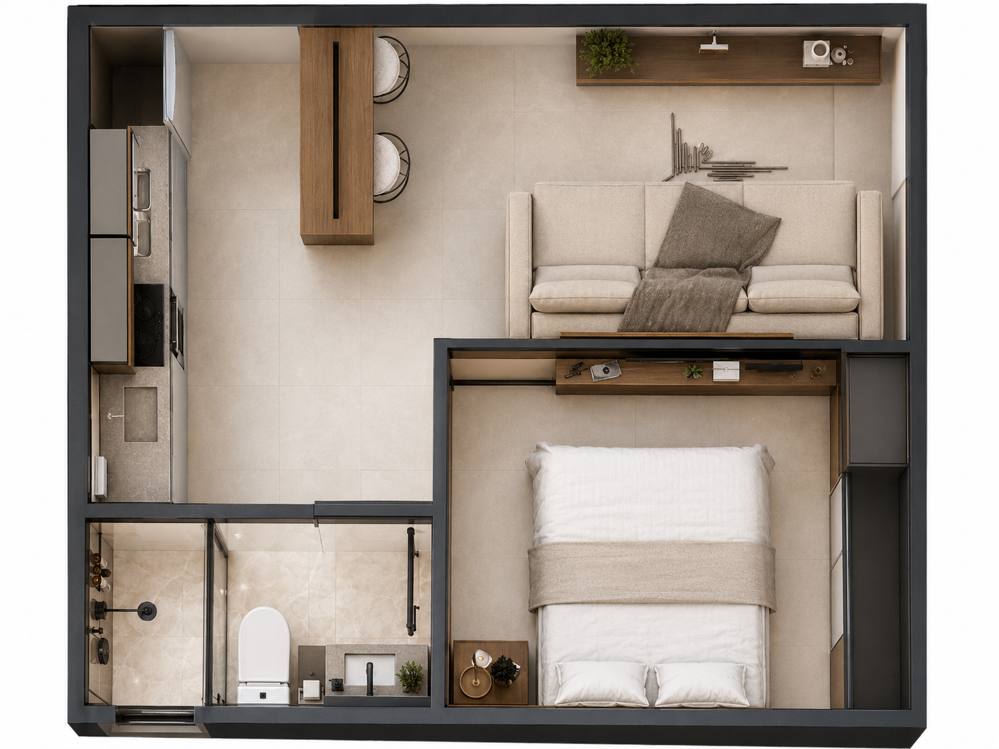 Planta humanizada com dormitorio separado, em vista superior