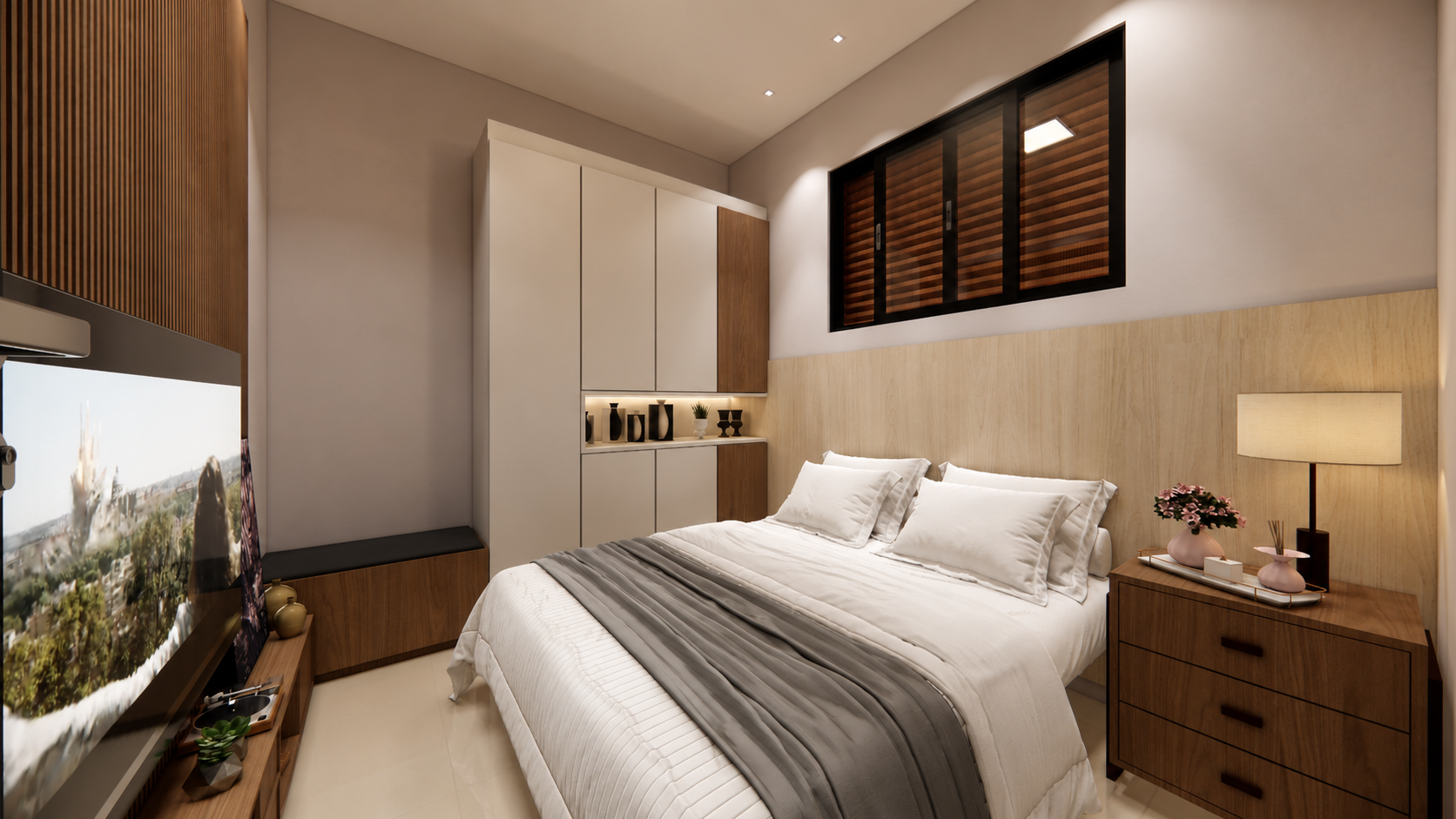 Dormitorio com painel de TV, guarda-roupa planejado e iluminacao de apoio