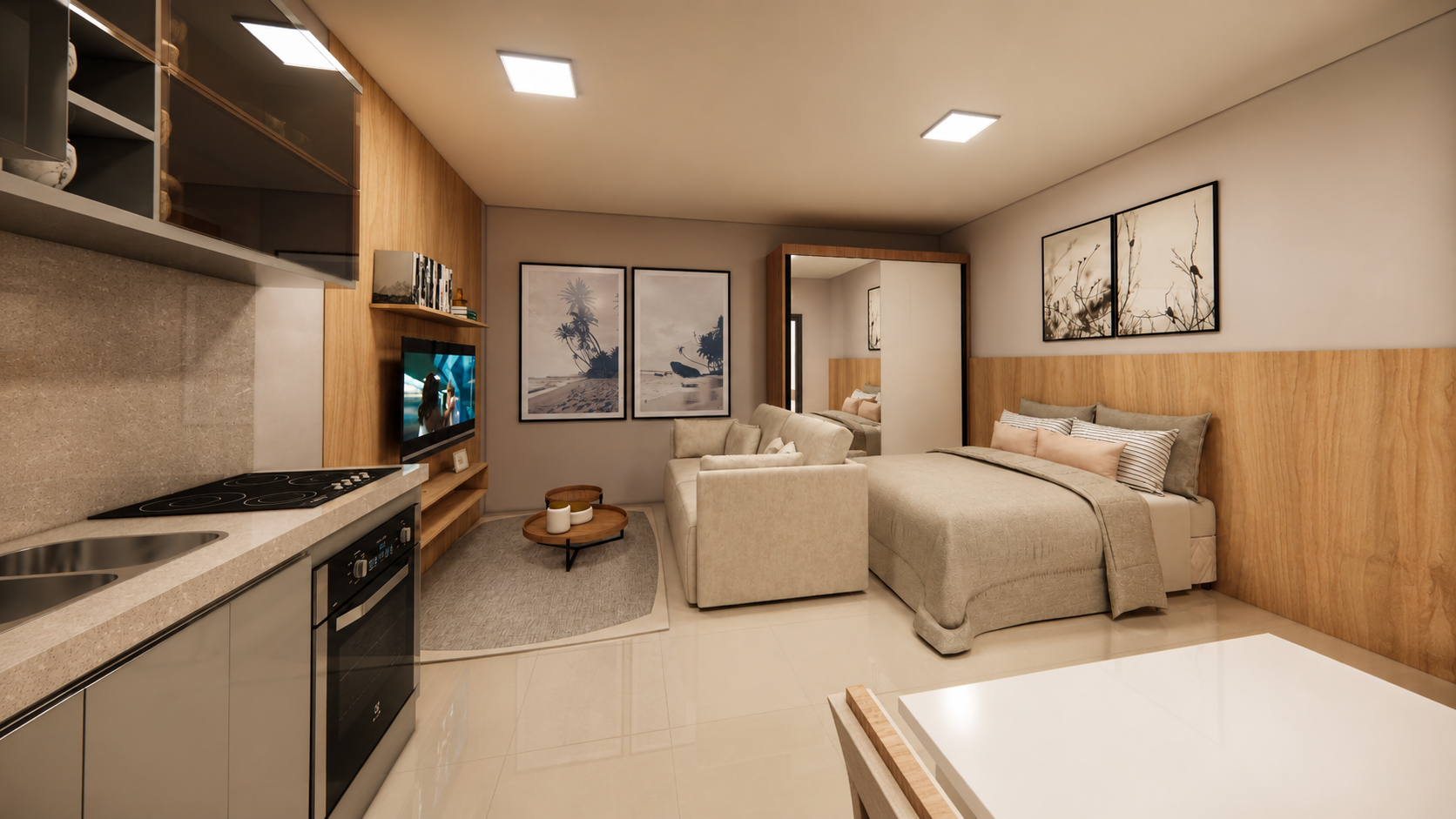 Studio integrado com cozinha, sala e dormitorio em um unico ambiente